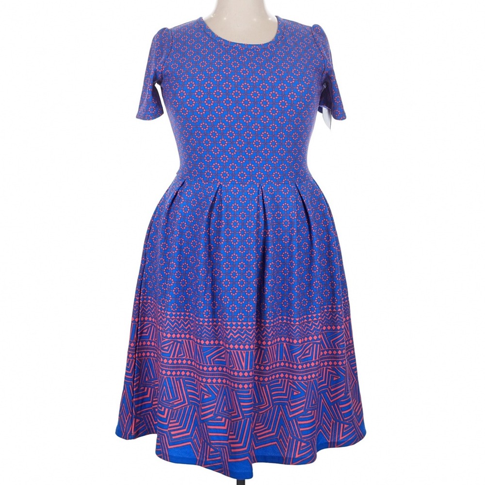 LuLaRoe Amelia Womens Dress Size 2XL XXL Blue Geometric Dipped Fit & Flare NWT